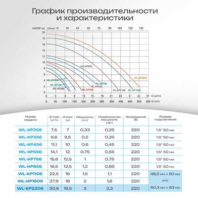 WL-KP2206 - Насос для бассейна 3,0 HP / 2,2 кВт / 30,9 м³/ч / до 247 м³ / 2,5″