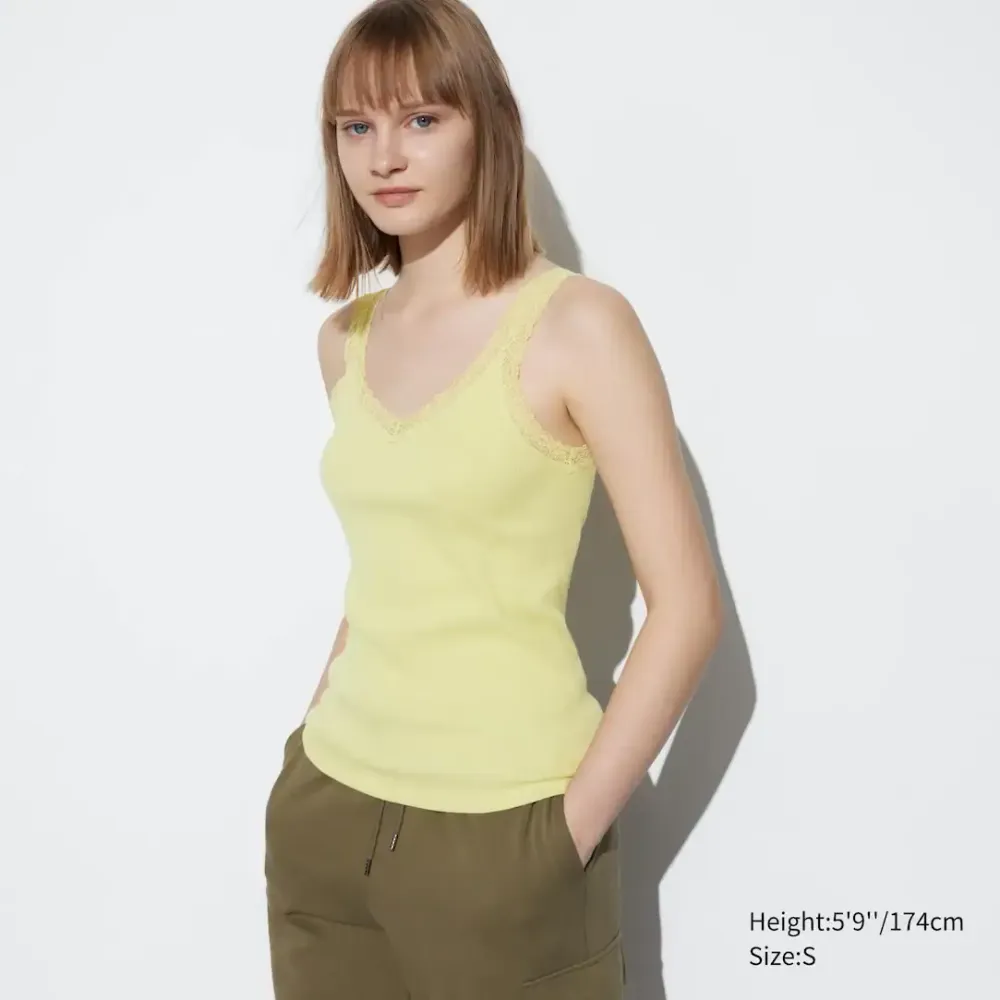 UNIQLO ТОП С КРУЖЕВОМ, ЖЕЛТЫЙ