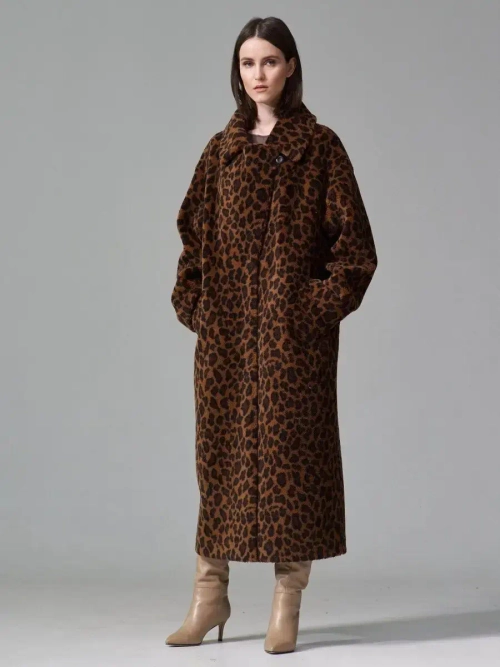 Шуба чебурашка длинная из овечьей шерсти, коричневый-леопард, SilverFox