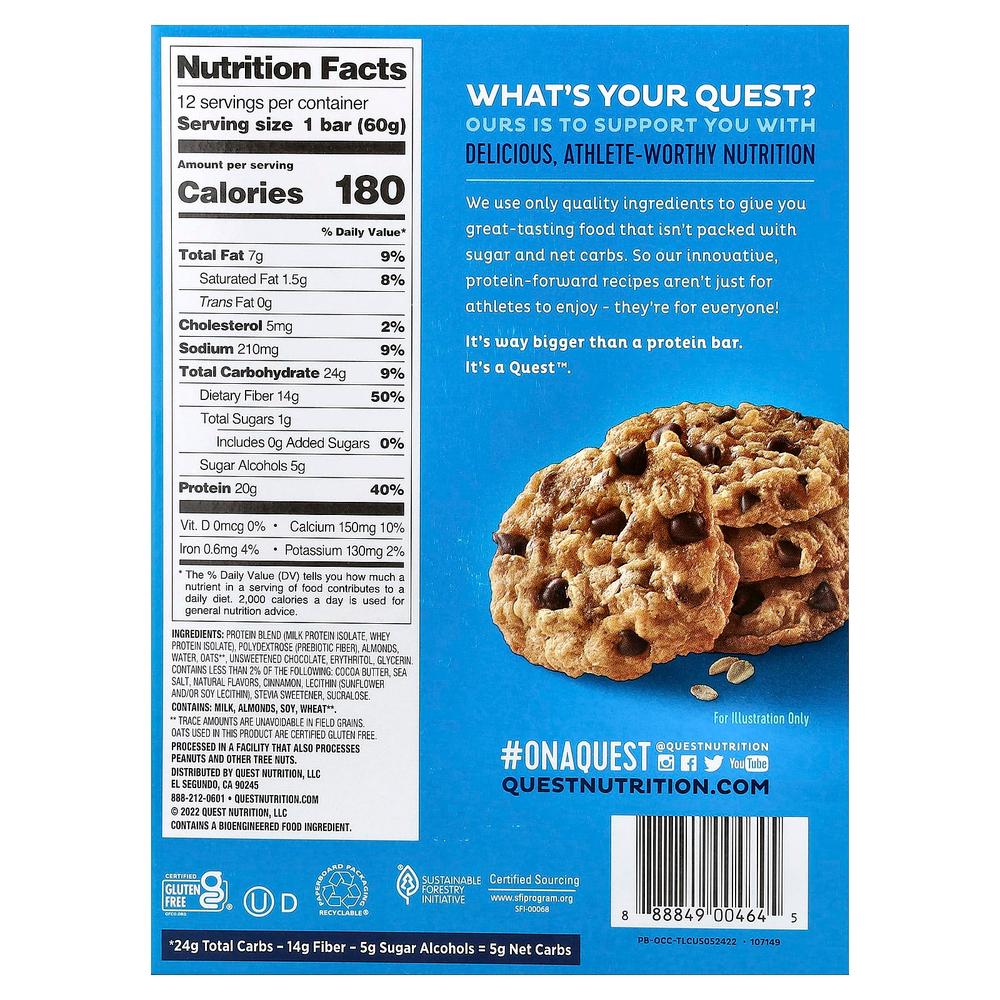 Quest Nutrition, протеиновый батончик, со вкусом овсяно-шоколадного печенья, 12 батончиков, весом 60 г (2,12 унции) каждый