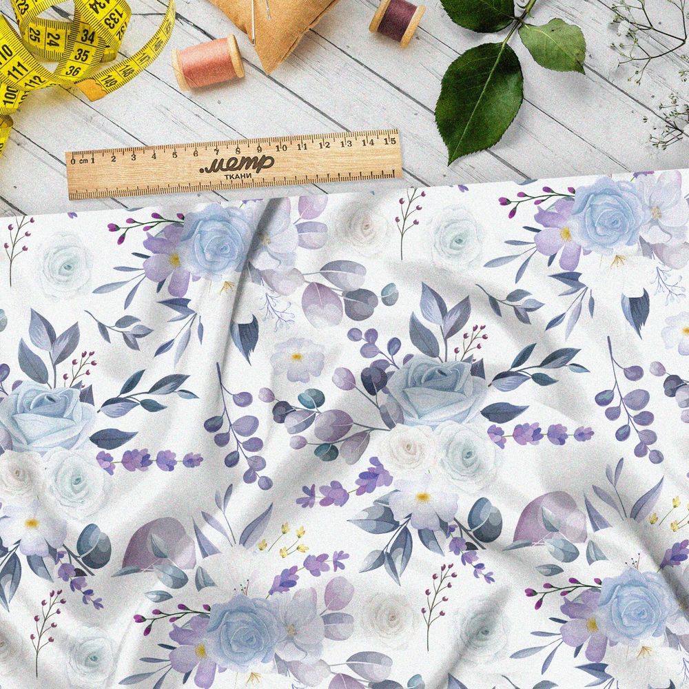 Ткань шелк Армани сиреневый букет на белом фоне