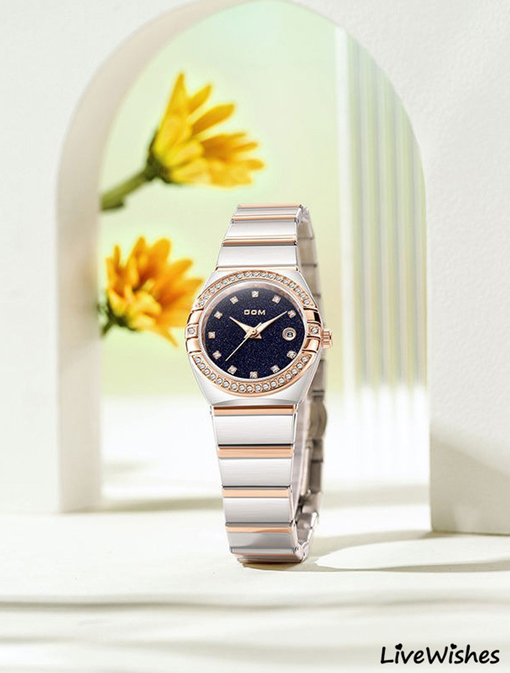 Часы наручные кварцевые DOM на металлическом браслете, черный/серебристо-золотистый W10100-01