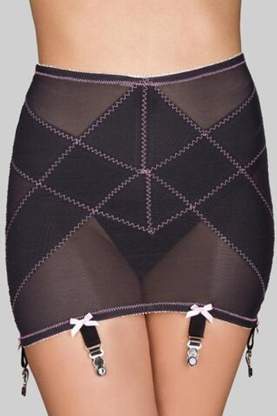 Полупрозрачный широкий пояс для чулок с бантиками (Размер: XL) (Цвет: черный с розовым)