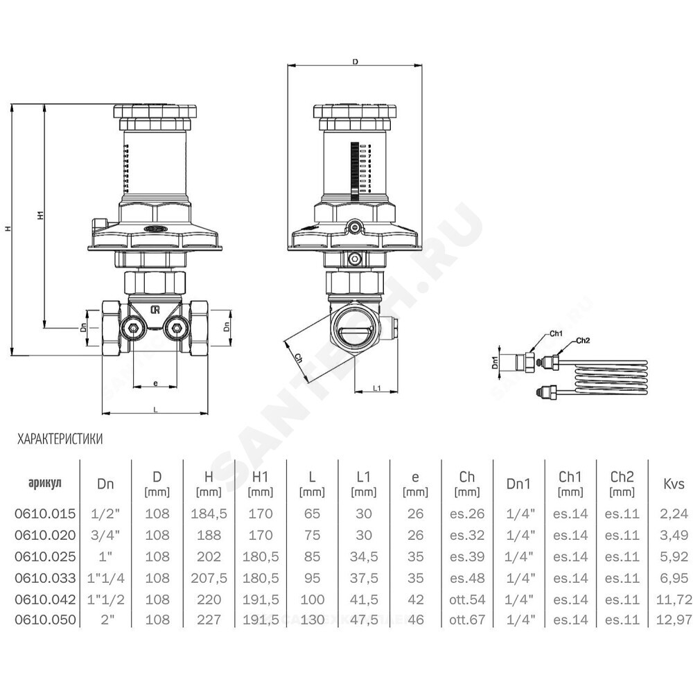 Клапан балансировочный автомат латунь Ду 15 G1/2" Ру16 Тмакс=110 оС ВР 5-60 кПа Kvs=2.24м3/ч без ниппелей OR 0610.015