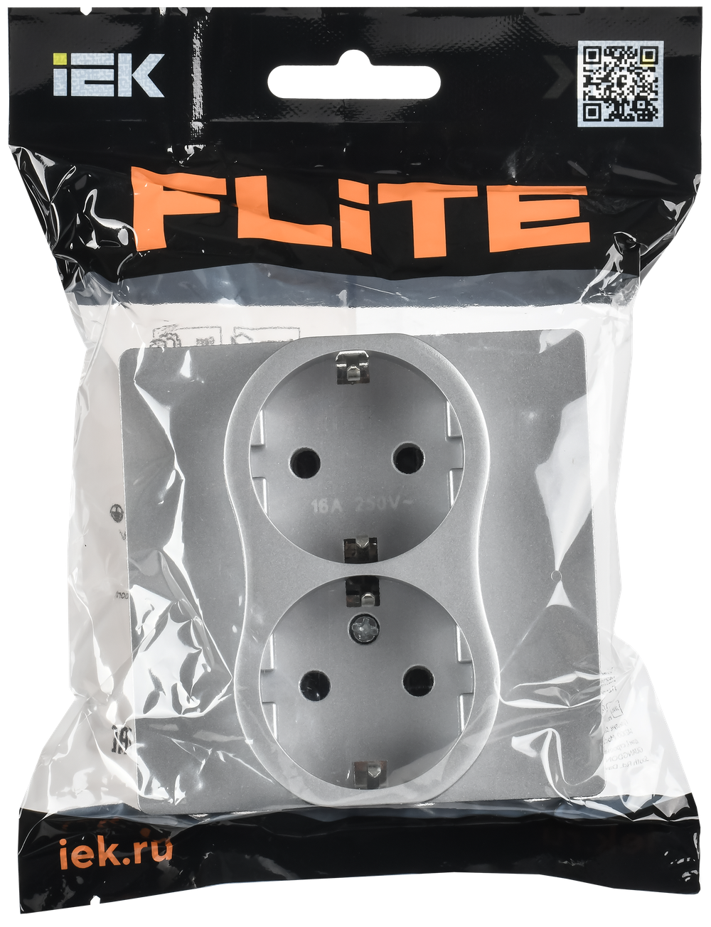 FLITE Розетка 2-местная с заземлением без защитных шторок безвинтовое крепление 16А РС12-1-К-ФлА алюминий IEK