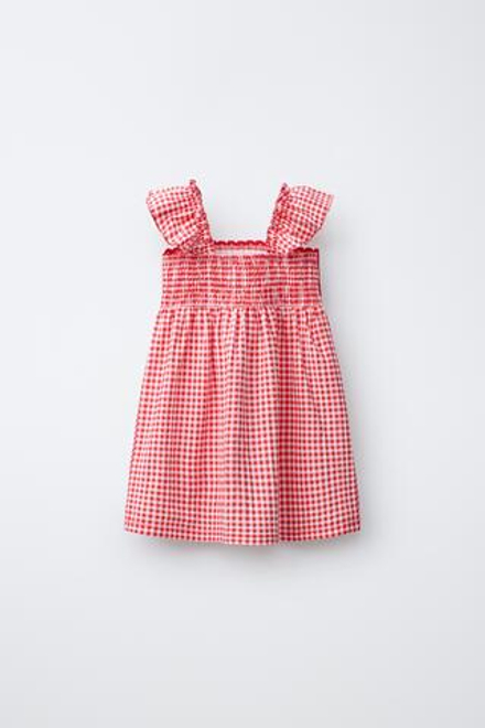 ZARA ПЛАТЬЕ В КЛЕТКУ ВИШИ С КРУЖЕВОМ КРОШЕ, КРАСНЫЙ