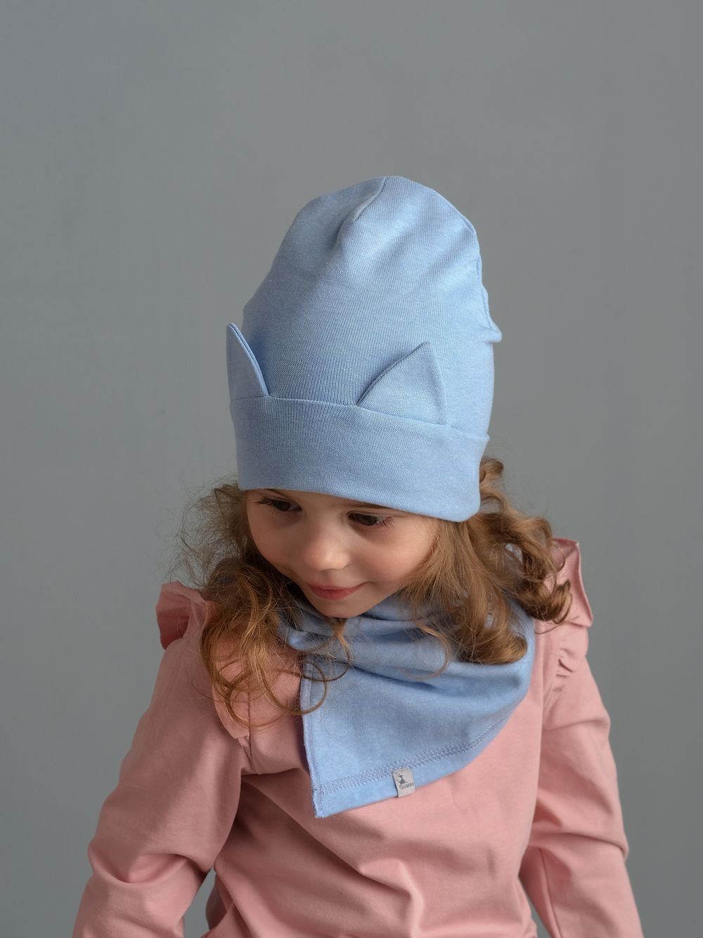 Комплект Шапка трикотажная+снуд (Голубой меланж) с ушками КИС*