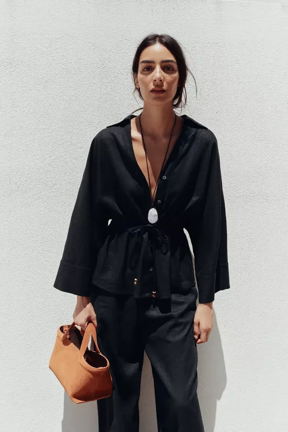 ZARA РУБАШКА САФАРИ ИЗ ЛЬНА, ЧЕРНЫЙ