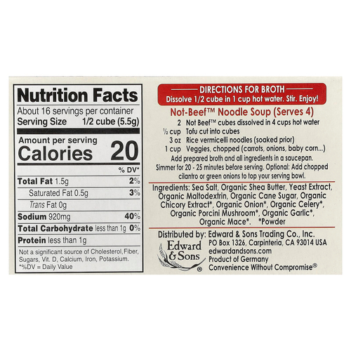 Edward & Sons, Not-Beef™, бульонные кубики, 8 кубиков, 88 г (3,1 унции)