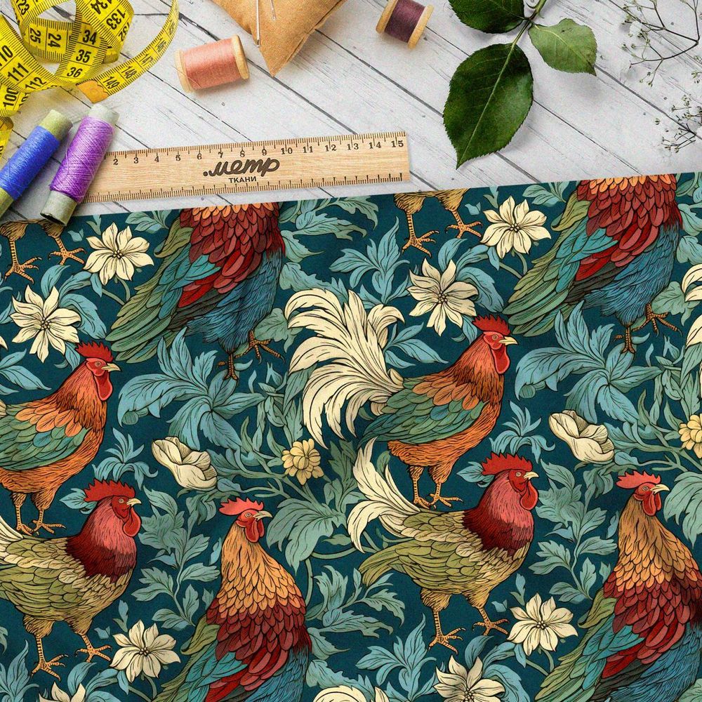 Ткань премиум шелк искусственный Армани сказочные петухи