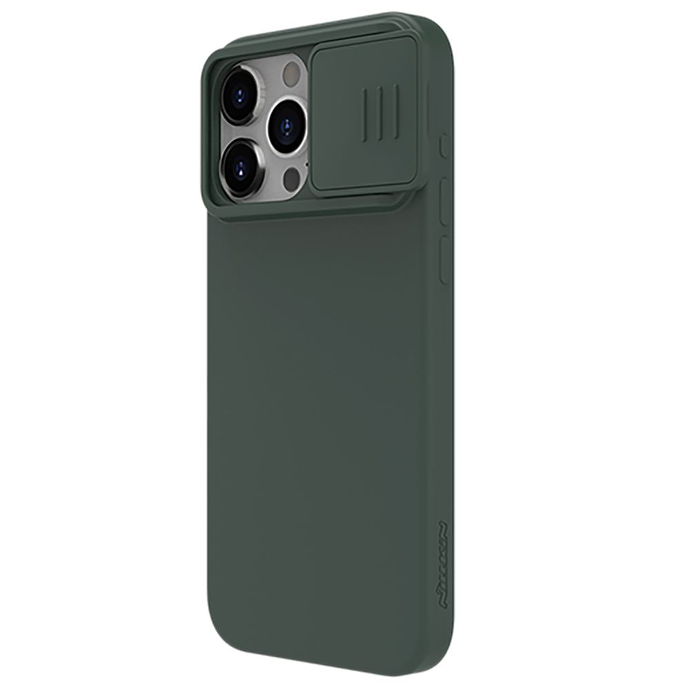 Чехол с MagSafe и с шелковистым покрытием темно-зеленого цвета (Foggy Green) от Nillkin для iPhone 15 Pro Max, серия CamShield Silky Magnetic Silicone Case