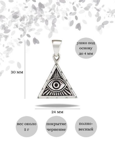 Подвеска Всевидящее Око Бога из серебра 925 пробы, фото с инфографикой размеров