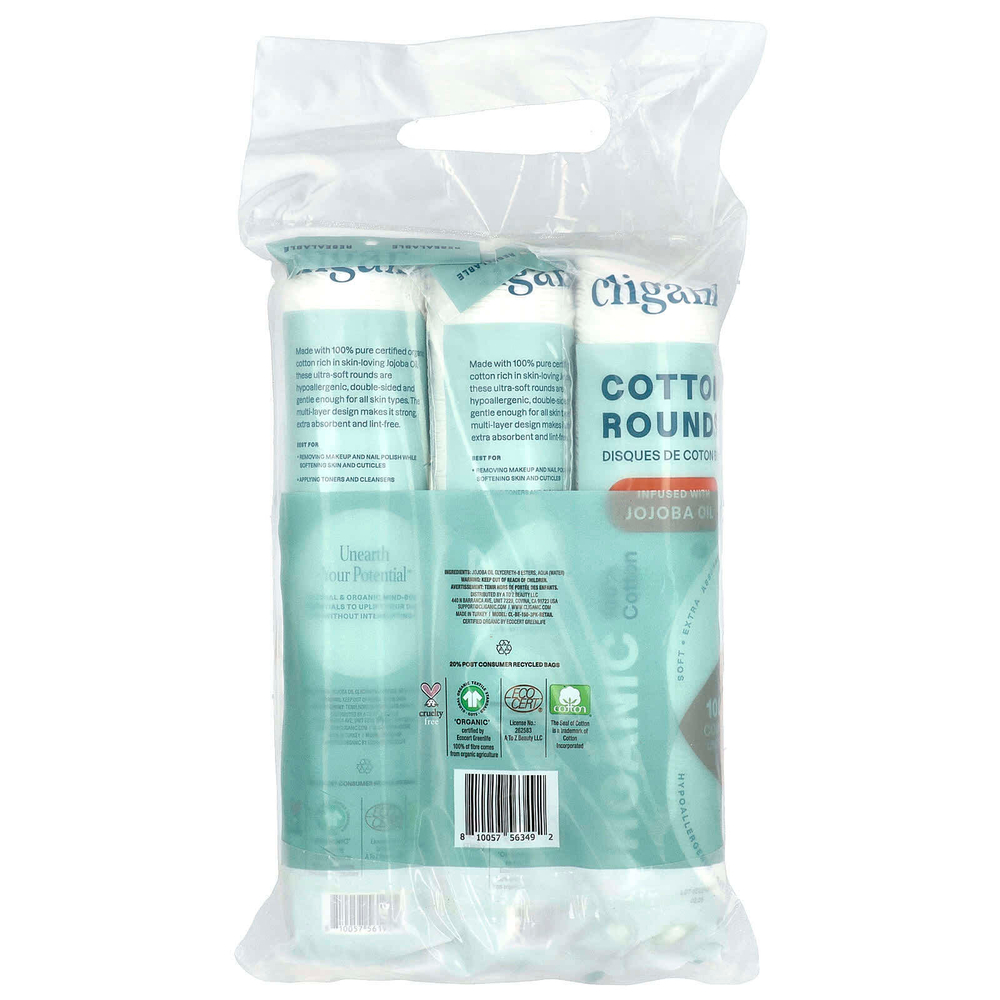 Cliganic, Круглые упаковки из органического хлопка с маслом жожоба, 3 упаковки (100 шт.)