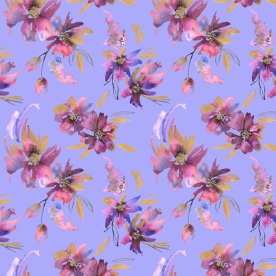 Яркие розовые цветы акварелью на сиреневом фоне