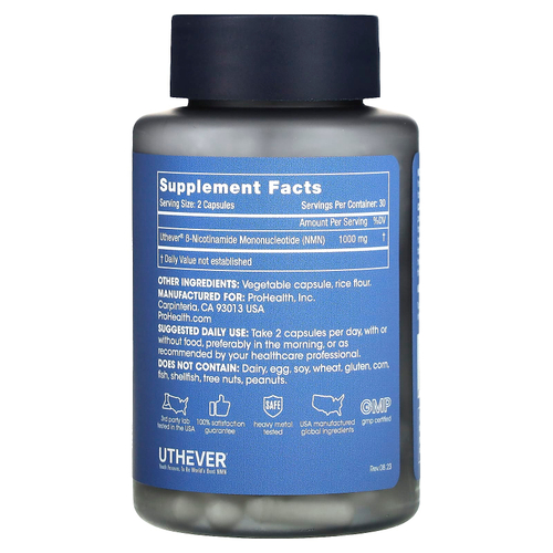 ProHealth Longevity, Uthever, NMN Pro 1000, 1000 мг, 60 капсул (500 мг в 1 капсуле)