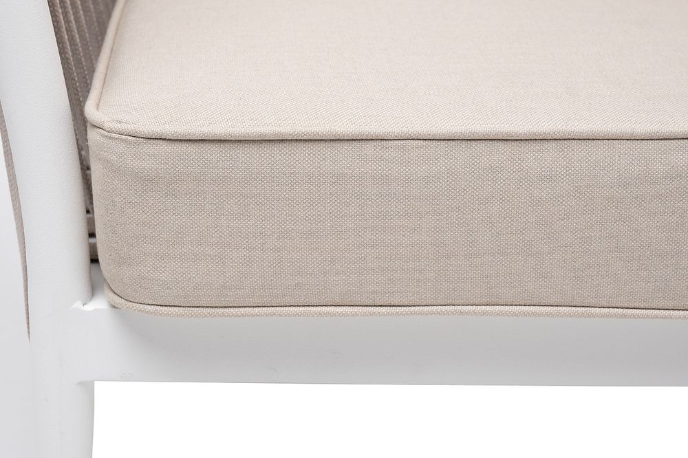 "Касабланка" диван 2-местный плетеный из роупа, каркас алюминий белый муар, роуп бежевый 20мм, ткань бежевая 15052