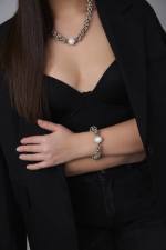 Браслет Византия с белым жемчугом Майорка, оттенок серебро