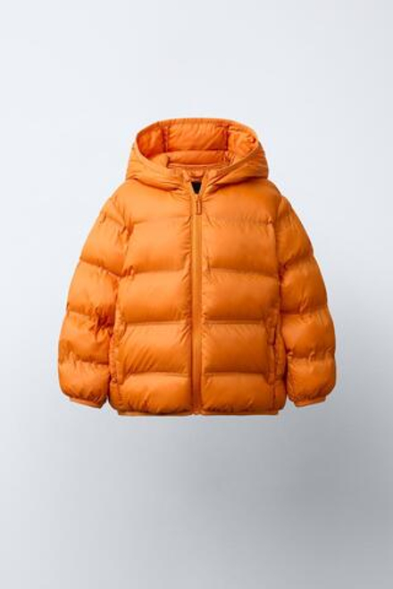ZARA УЛЬТРАЛЕГКАЯ СТЕГАНАЯ КУРТКА С КАПЮШОНОМ, ТЕМНО-ОРАНЖЕВЫЙ