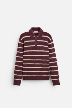 ZARA СВИТЕР ИЗ РЕЛЬЕФНОЙ ТКАНИ В ПОЛОСКУ С ВОРОТНИКОМ ПОЛО, БОРДОВЫЙ