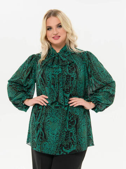 Блуза с воротником аскот, шифон малахитовый