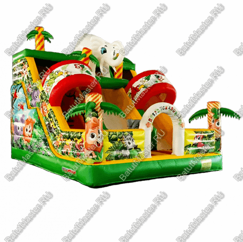 Новый батут-горка "Слоник в джунглях" с двумя горками справа 6*5*5,5 м