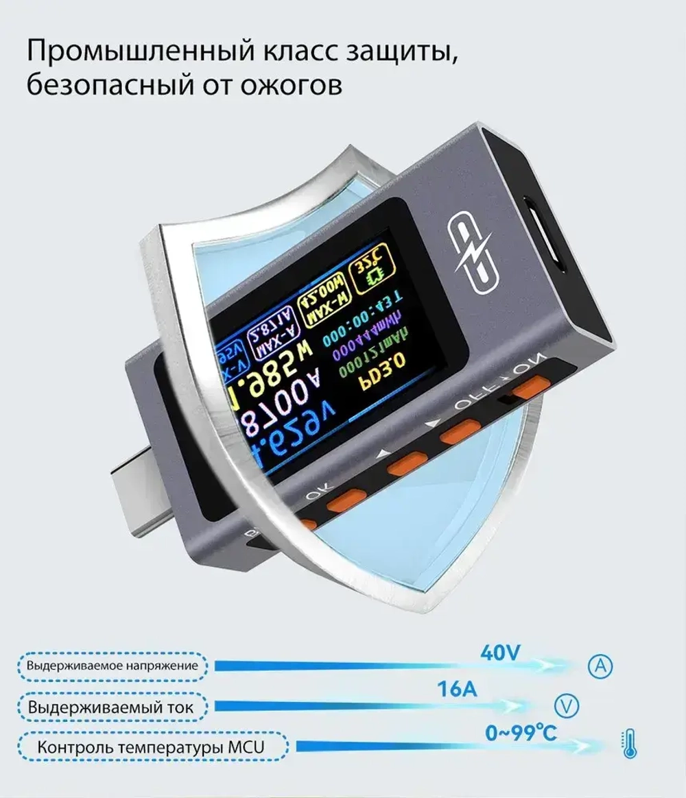 UT01C Многофункциональный USB-тестер,240W Серо - синий цифровой вольтметр-амперметр, Многопротокольное автоматическое распознавание, кривые в реальном времени