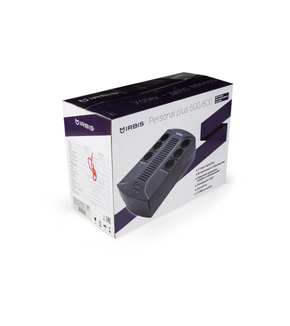 Источник бесперебойного питания IRBIS UPS Personal plus  600VA/360W, Line-Interactive, AVR, 6xSchuko outlets(3 Surge & 3 batt.), 2 USB charger, 2 year warranty