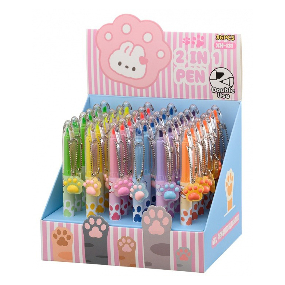 Ручка шариковая с текстовыделителем, автоматическая, Basir, синие чернила, серия "Лапки", с поворотным механизмом и брелоком