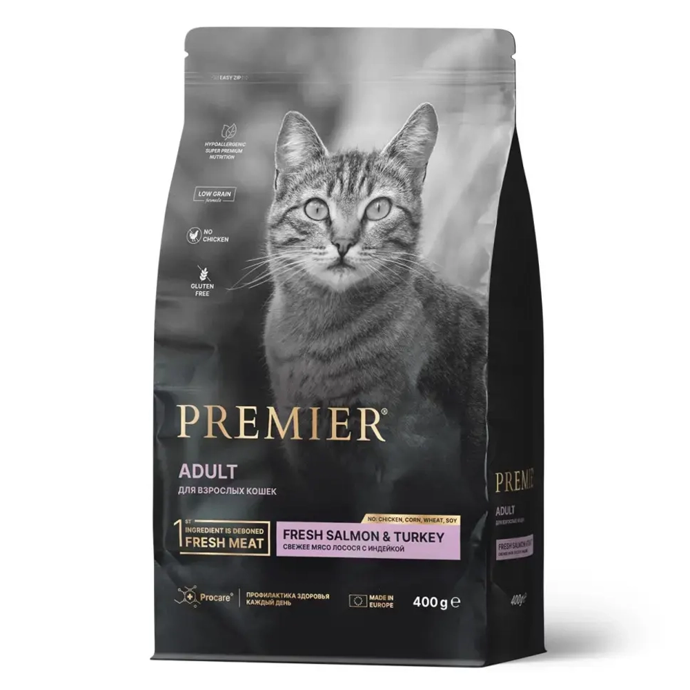 Premier cat salmon & turkey adult сухой корм для взрослых кошек, свежее филе лосося с индейкой - 400 г