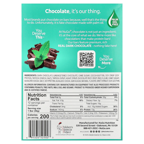 NuGo Nutrition, Dark®, протеиновые батончики, мята и шоколадная крошка, 12 батончиков по 50 г (1,76 унции)