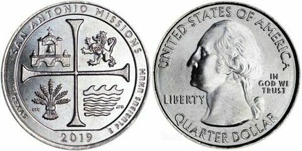 США 25 центов 2019 Квотеры «Парки США» 49 - Миссия Сан-Антонио