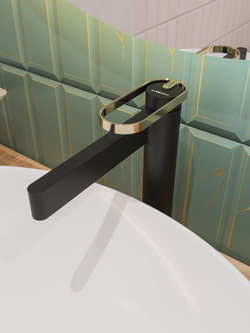 Смеситель для раковины STWORKI Малунг S11020BG матовый черный, глянцевое золото