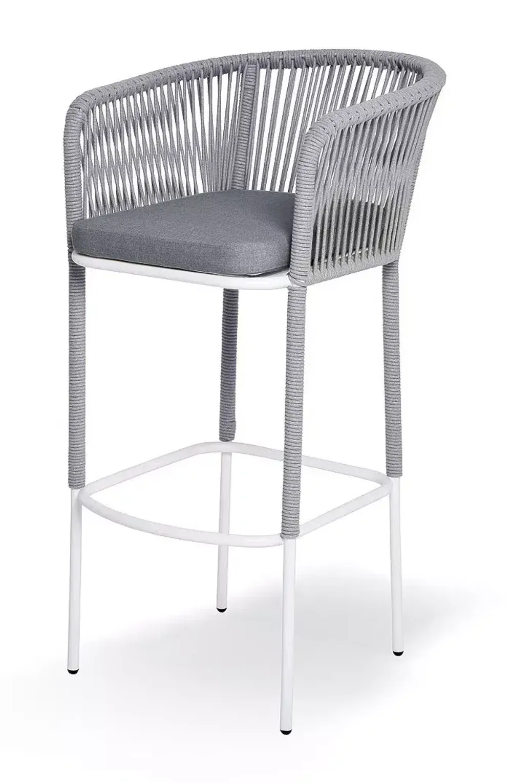 "Марсель" стул барный плетеный из роупа, каркас из стали светло-серый (RAL7035) муар, роуп светло-серый круглый, ткань светло-серая