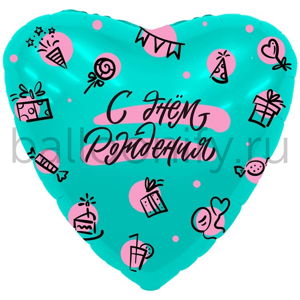 Фольгированная фигура, сердце, РУС С ДР,18"/46СМ