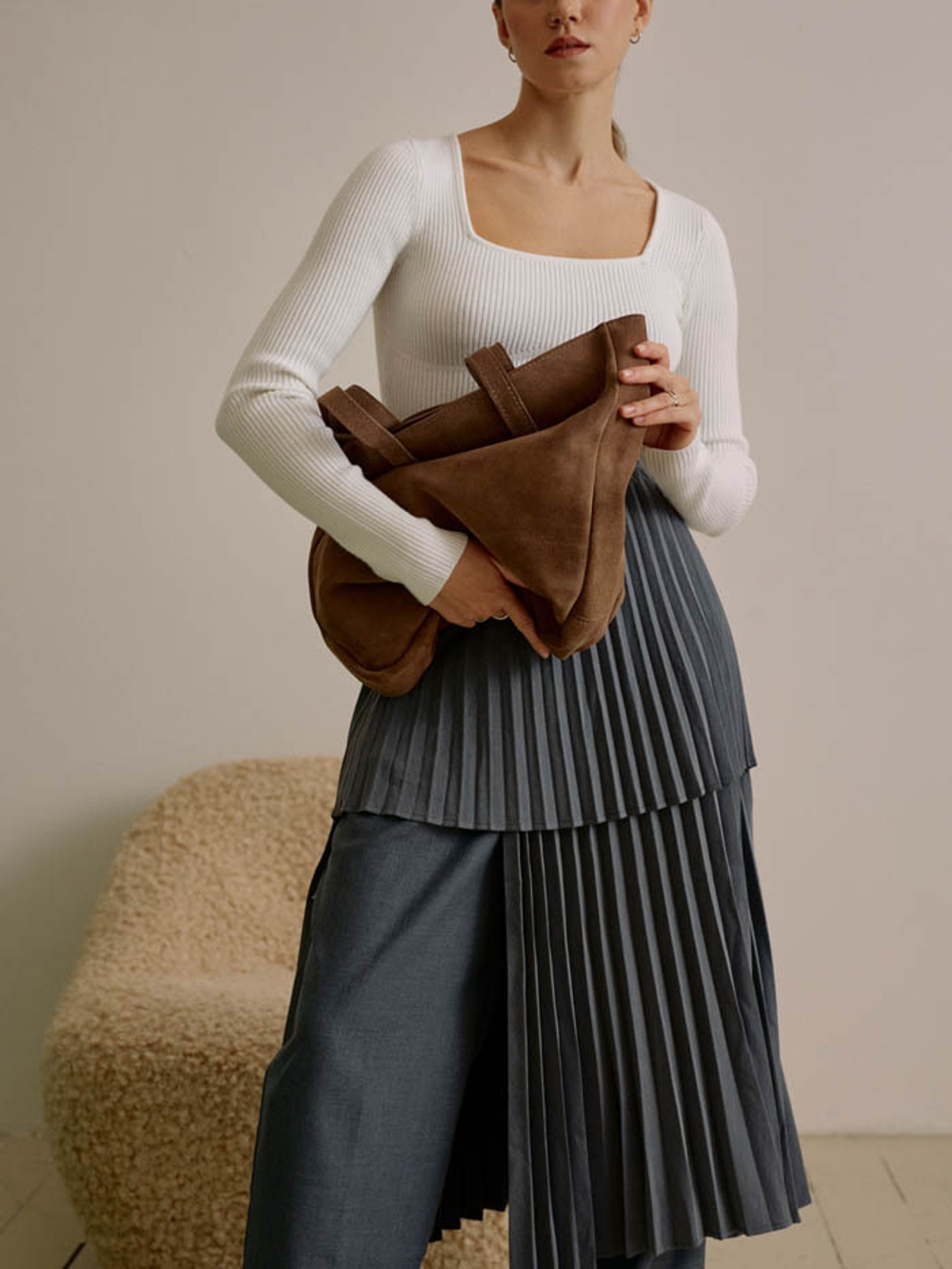 сумка шоппер кофе темный на молнии замша