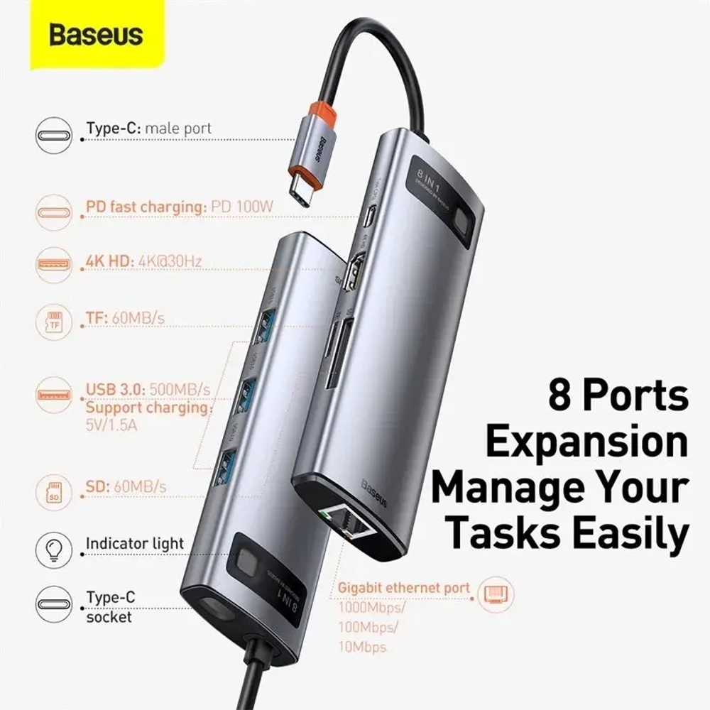 Адаптер Baseus 8 в 1 Starjoy Type-C HUB на HDMI*2/USB 3.0*3/PD/SD/TF (BS-OH046) (Space Gray)