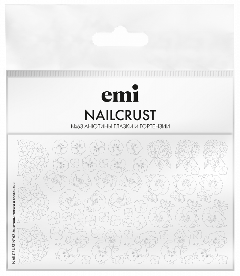 NAILCRUST Трафареты-слайдеры №63 Анютины глазки и гортензии (на непрозрачной белой подложке)