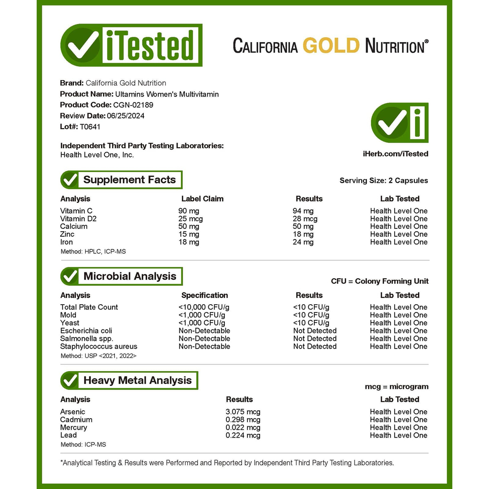 California Gold Nutrition, Ultamins, мультивитаминный комплекс для женщин с коэнзимом Q10, грибами, ферментами, овощами и ягодами, 60 растительных капсул