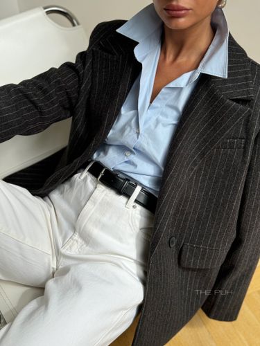 Графитовый двубортный жакет в полоску