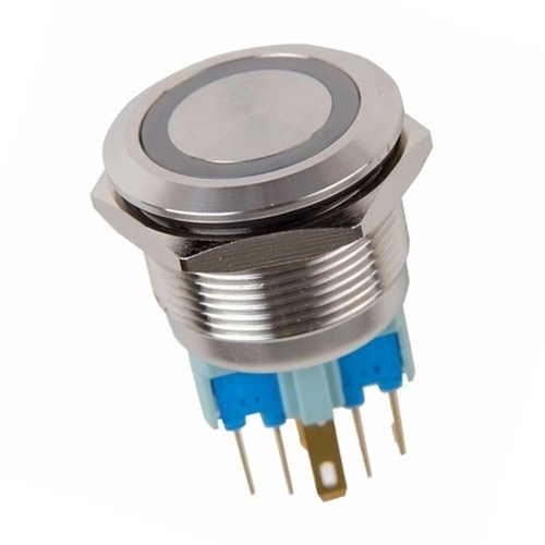 Кнопка антивандальная d22 12V без фиксации (6с) (ON)-OFF/(OFF)-ON подсв/синяя Rexant 36-3511