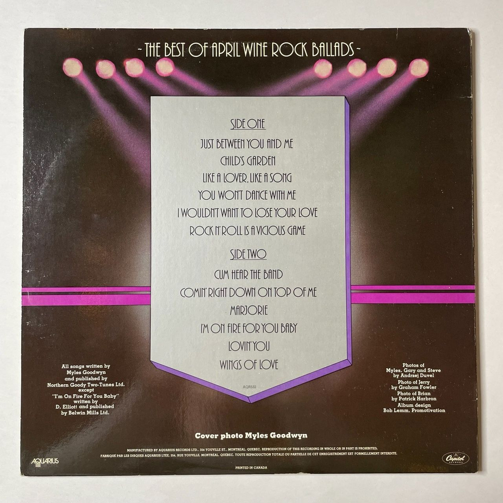 Винтажная виниловая пластинка LP The Best Of April Wine Rock Ballads (Canada 1981)