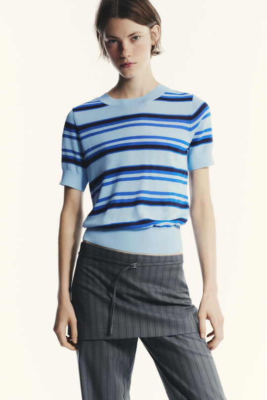 ZARA ТРИКОТАЖНАЯ ФУТБОЛКА В ПОЛОСКУ, СИНИЙ/ИНДИГО