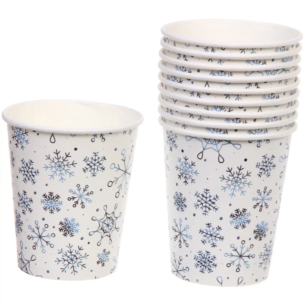 Стакан бумажный 0,2л в наборе 10 шт «Снежные искры», голубой