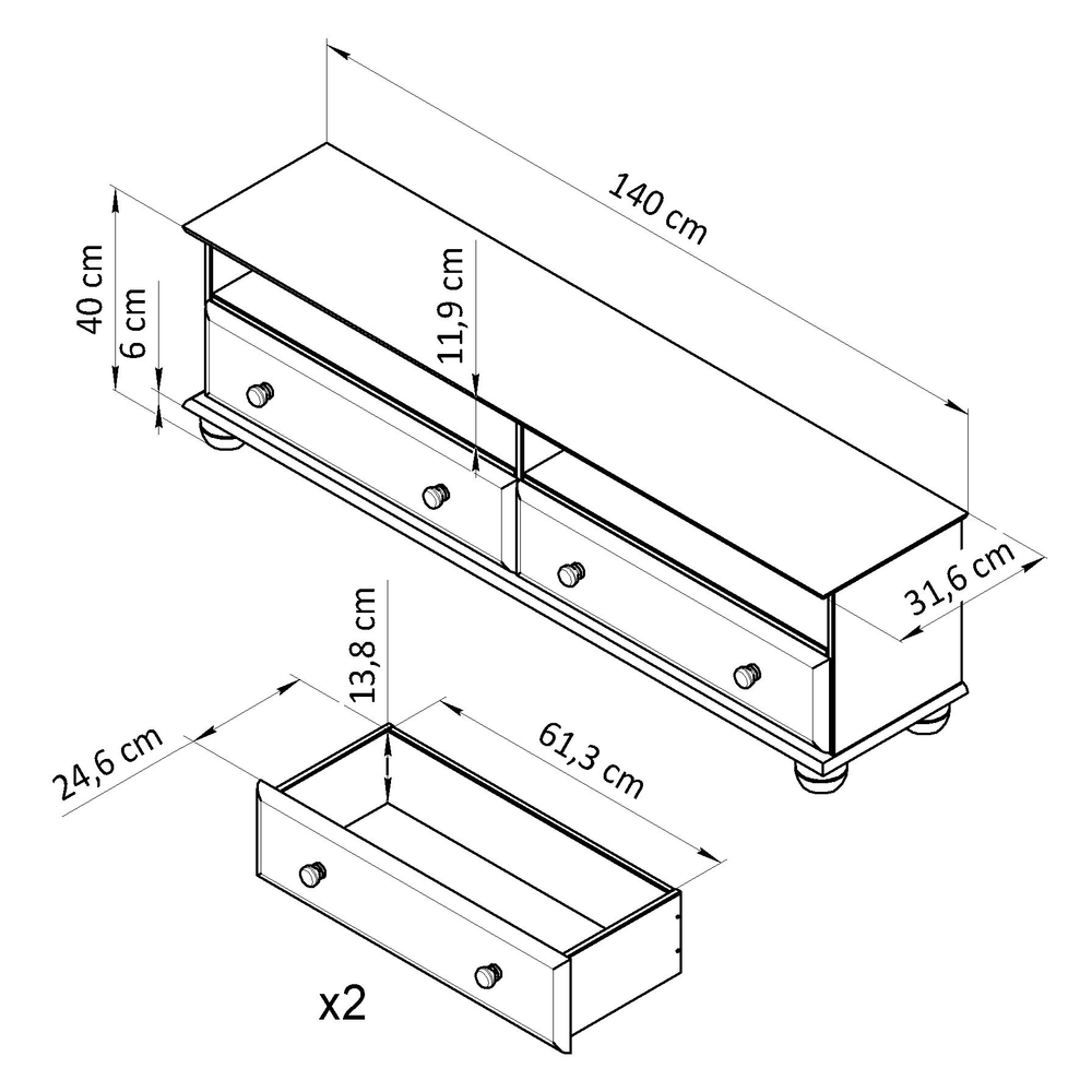 Тумба под телевизор 140 см Бритта с ящиками и полками, из массива сосны в натуральной отделке
