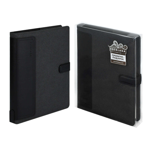 Ежедневник-органайзер недатированный ESCALADA, А5+, 160 л., арт. 70547/ 10 САРЖА ЧЁРНЫЙ (кожзам: 146х211 мм, 175x225 мм, твёрдый переплёт с поролоном, материал обложки: искусственная кожа "Буйвол", искусственная кожа "Саржа"; способ крепления блока: