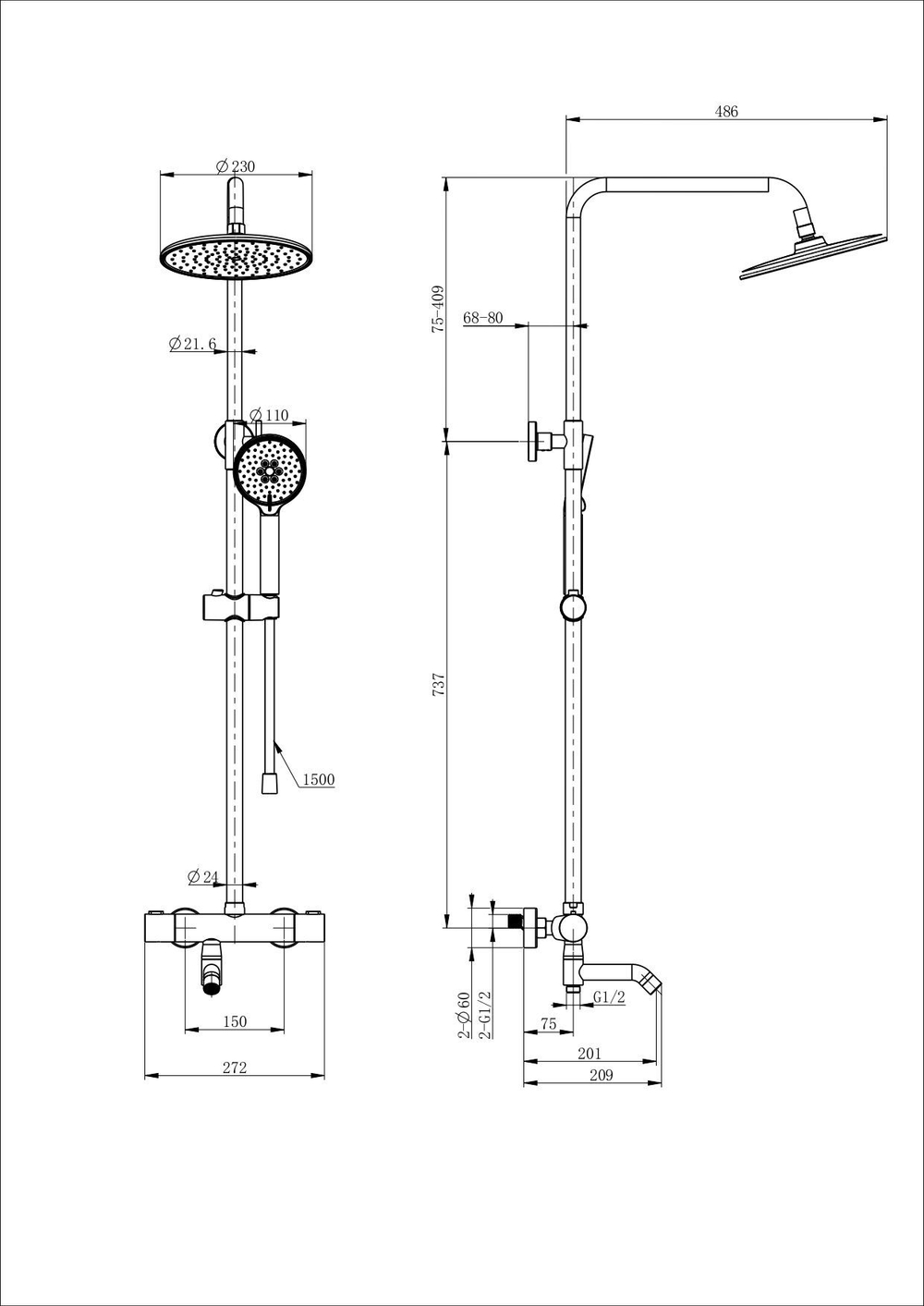 Душевая система с термостатом WONZON & WOGHAND INN 4, Черный матовый (WW-B3047-A1-MB)