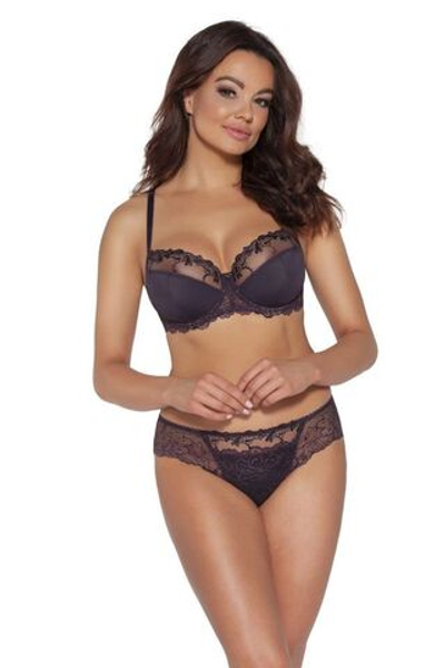 Коричневые трусики-бразилиана из кружевного полотна и сетки с вышивкой (Размер: M) (Цвет: коричневый)