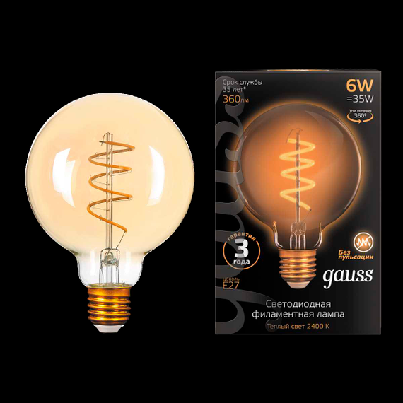 Лампа светодиодная филаментная Gauss E27 6W 2400K золотая 105802007