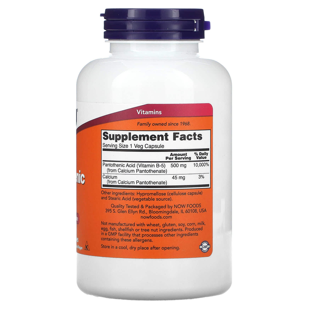 NOW Foods, пантотеновая кислота, 500 мг, 250 растительных капсул