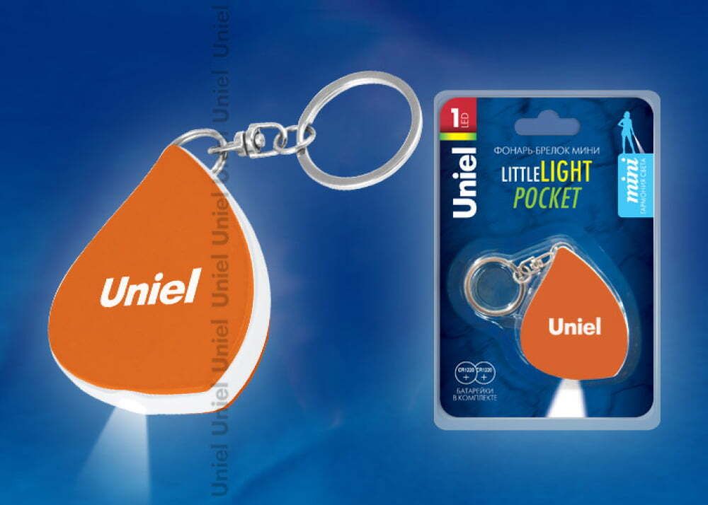 S-KL016-C Orange Фонарь-брелок Uniel серии Стандарт «Little light – pocket», пластиковый корпус, 1 LED, упаковка — кламшелл, 2xCR1220 в/к, цвет — оран